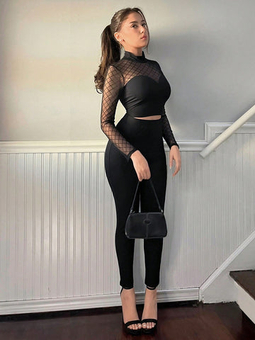 Mesh Panel Long Sleeve Top And Pants Set
