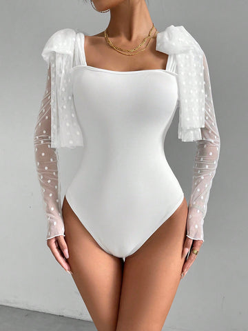 Mesh Patchwork Lace Up Bodysuit