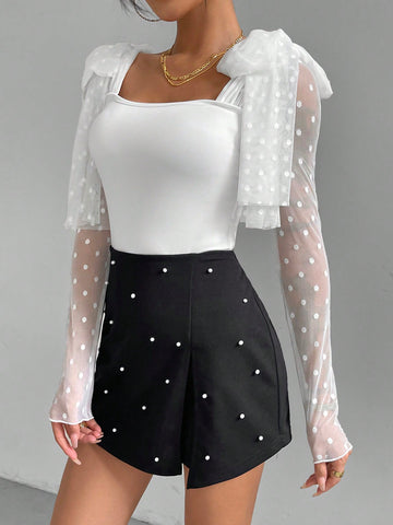 Mesh Patchwork Lace Up Bodysuit
