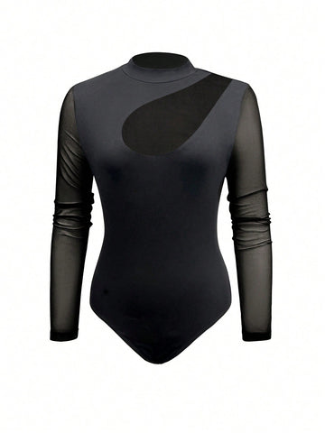 Mesh Patchwork Long-Sleeved Bodysuit