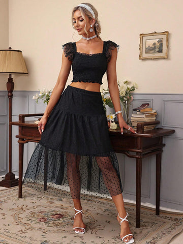 Mesh Polka Dot Ruffled Trim Pleated Waist Strap Tank Top & A-Line Polka Dot Mesh Skirt Two Piece Set For Women