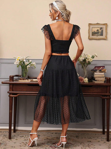 Mesh Polka Dot Ruffled Trim Pleated Waist Strap Tank Top & A-Line Polka Dot Mesh Skirt Two Piece Set For Women
