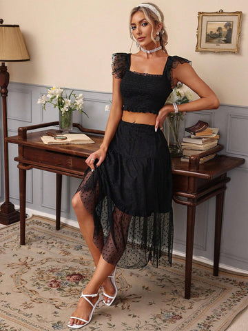 Mesh Polka Dot Ruffled Trim Pleated Waist Strap Tank Top & A-Line Polka Dot Mesh Skirt Two Piece Set For Women