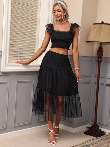 Mesh Polka Dot Ruffled Trim Pleated Waist Strap Tank Top & A-Line Polka Dot Mesh Skirt Two Piece Set For Women