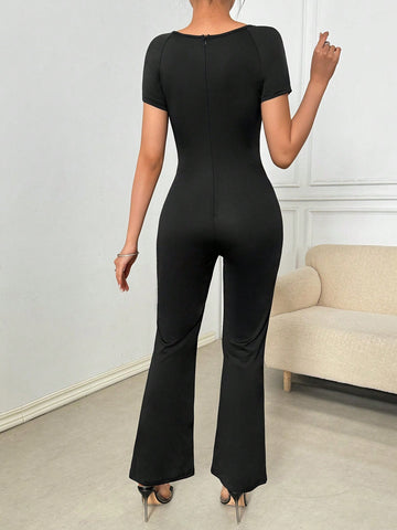 Mesh Spliced Short Sleeve Flared Jumpsuit