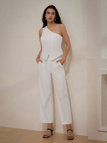 Minimalist Commuter Texture Shoulder Strap Waistcoat Vest Women's 2pcs Set