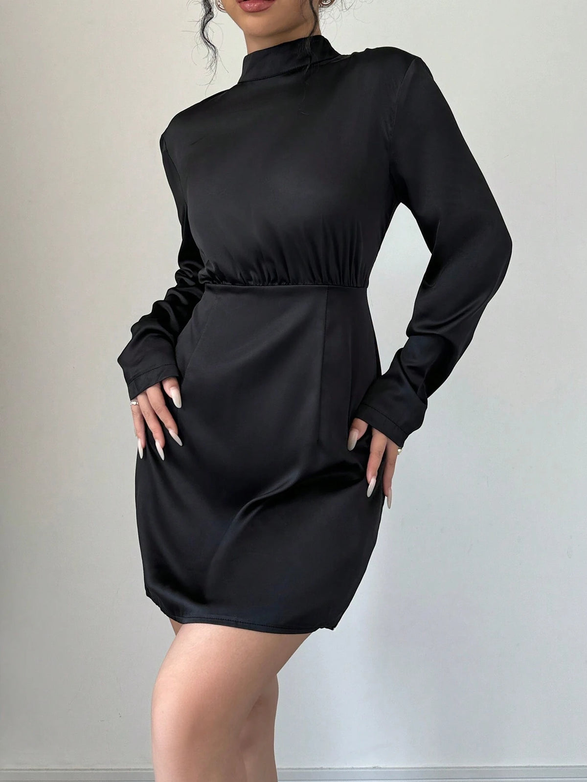 Mock Neck Backband Solid Satin Long Sleeve Dress