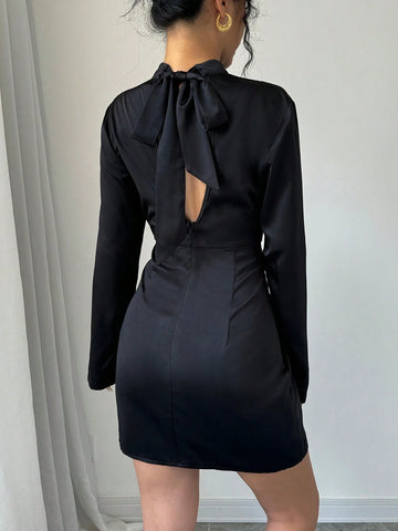 Mock Neck Backband Solid Satin Long Sleeve Dress