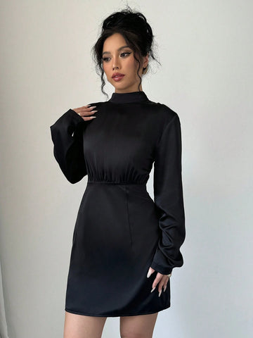 Mock Neck Backband Solid Satin Long Sleeve Dress