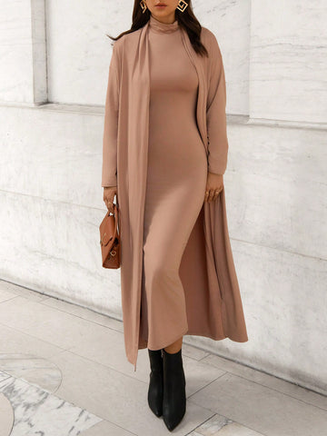 Mock Neck Split Thigh Dress & Open Front Coat