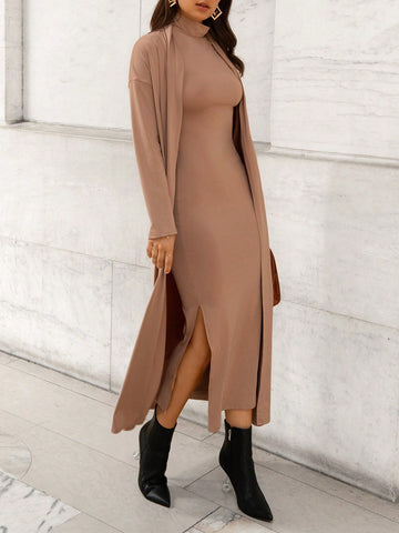 Mock Neck Split Thigh Dress & Open Front Coat
