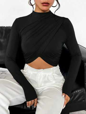 Mock Neck Wrap Hem Crop Tee
