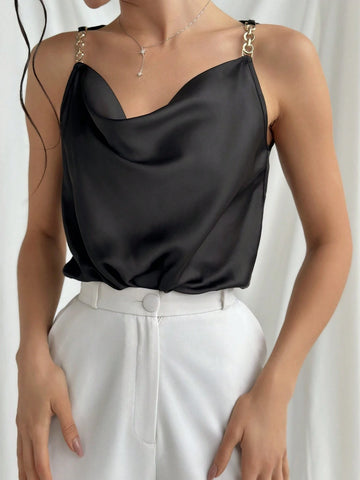 Modern Street Style Metallic Buckle Decor Colorblock Loose Collar Black Bodysuit