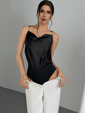 Modern Street Style Metallic Buckle Decor Colorblock Loose Collar Black Bodysuit