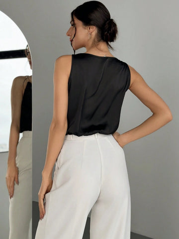 Modern Street Style Metallic Buckle Decor Colorblock Loose Collar Black Bodysuit