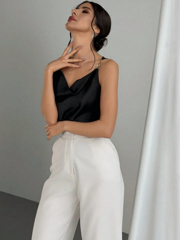 Modern Street Style Metallic Buckle Decor Colorblock Loose Collar Black Bodysuit