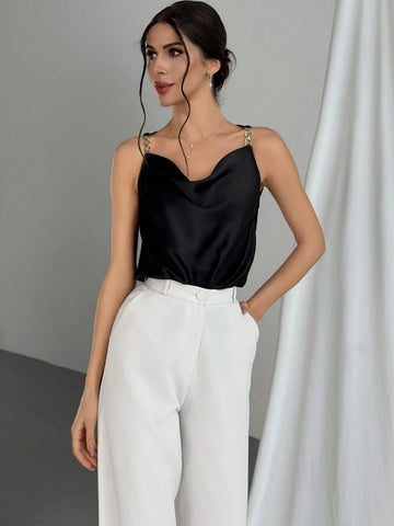 Modern Street Style Metallic Buckle Decor Colorblock Loose Collar Black Bodysuit