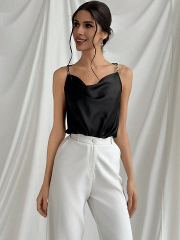 Modern Street Style Metallic Buckle Decor Colorblock Loose Collar Black Bodysuit