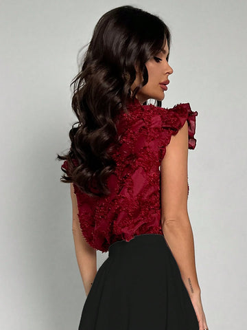 Privé New Style Valentine's Day Elegant & Romantic Women's Laser Cut Sheer Puff Sleeve Ruffle Hem Red Blouse