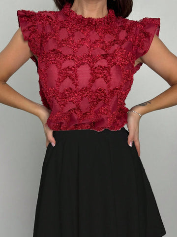 Privé New Style Valentine's Day Elegant & Romantic Women's Laser Cut Sheer Puff Sleeve Ruffle Hem Red Blouse