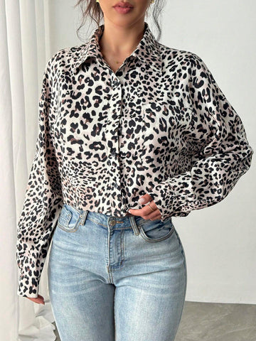 Privé New Stylish Leopard Print Lapel Long Sleeve Casual Blouse For Women, French Design