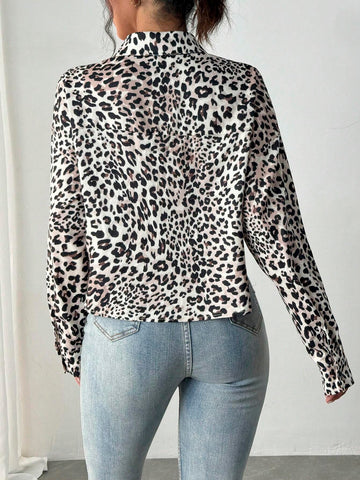 Privé New Stylish Leopard Print Lapel Long Sleeve Casual Blouse For Women, French Design