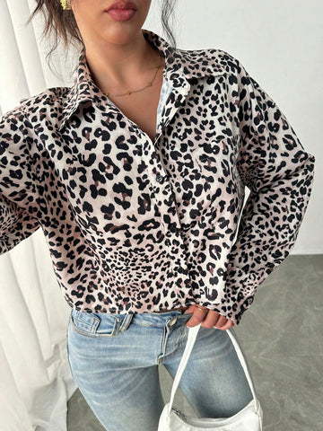 Privé New Stylish Leopard Print Lapel Long Sleeve Casual Blouse For Women, French Design