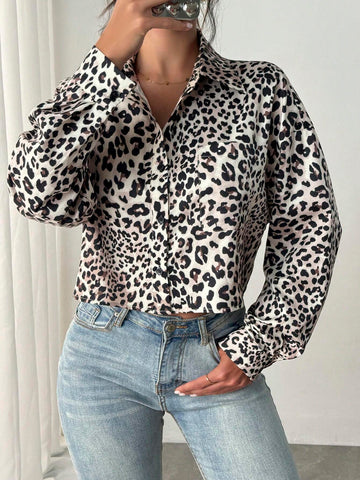 Privé New Stylish Leopard Print Lapel Long Sleeve Casual Blouse For Women, French Design