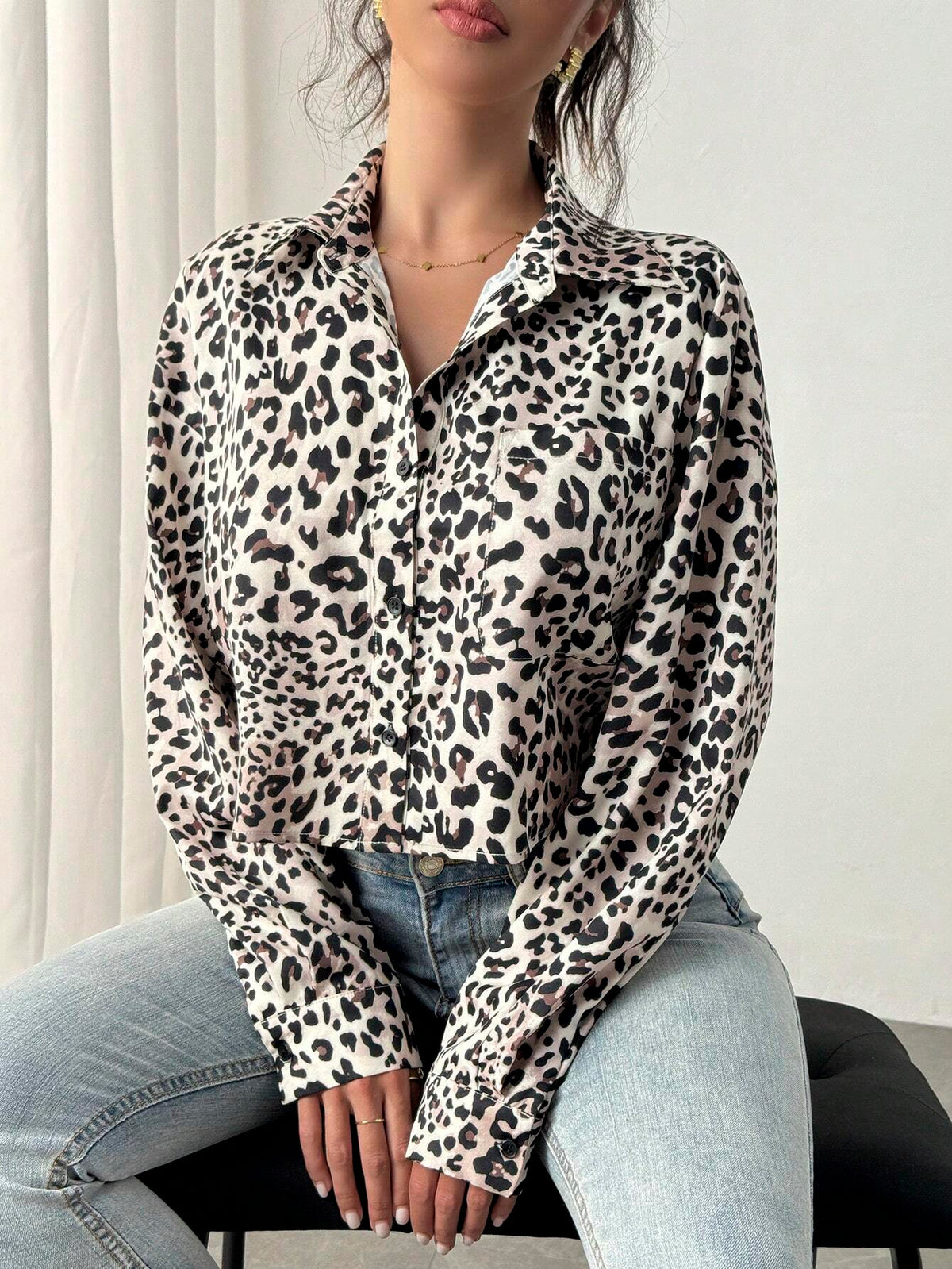Privé New Stylish Leopard Print Lapel Long Sleeve Casual Blouse For Women, French Design