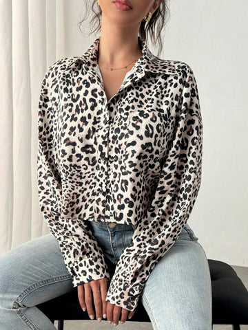Privé New Stylish Leopard Print Lapel Long Sleeve Casual Blouse For Women, French Design
