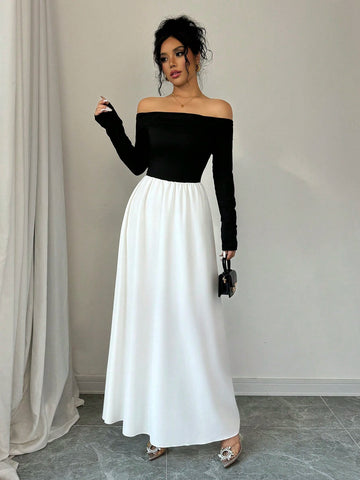 Off Shoulder Color-Blocking Dress