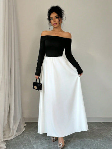 Off Shoulder Color-Blocking Dress