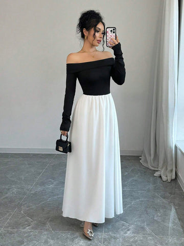 Off Shoulder Color-Blocking Dress