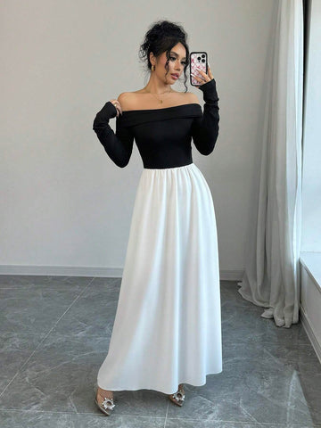 Off Shoulder Color-Blocking Dress