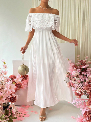 Off Shoulder Lace & High Slit & Pleated Dress