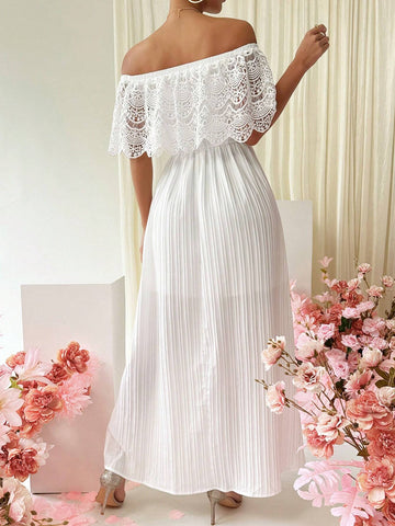 Off Shoulder Lace & High Slit & Pleated Dress