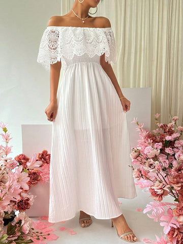 Off Shoulder Lace & High Slit & Pleated Dress