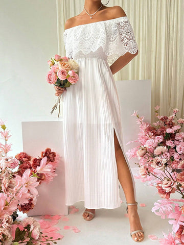 Off Shoulder Lace & High Slit & Pleated Dress