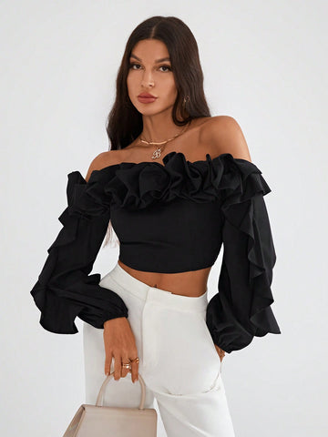 Off Shoulder Ruffle Trim Lantern Sleeve Crop Top