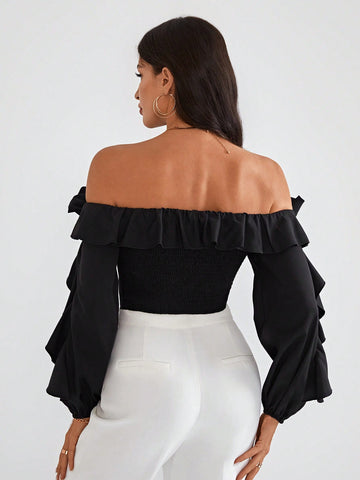 Off Shoulder Ruffle Trim Lantern Sleeve Crop Top
