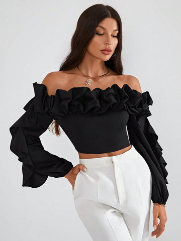 Off Shoulder Ruffle Trim Lantern Sleeve Crop Top
