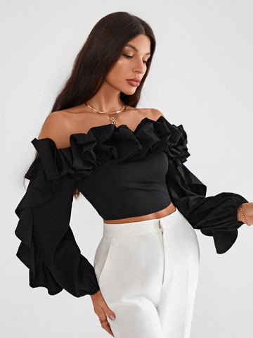 Off Shoulder Ruffle Trim Lantern Sleeve Crop Top