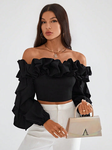 Off Shoulder Ruffle Trim Lantern Sleeve Crop Top