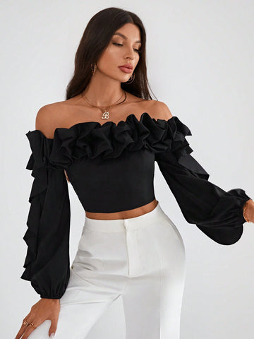 Off Shoulder Ruffle Trim Lantern Sleeve Crop Top