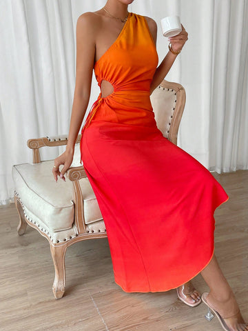 Ombre One Shoulder Asymmetrical Hem Dress