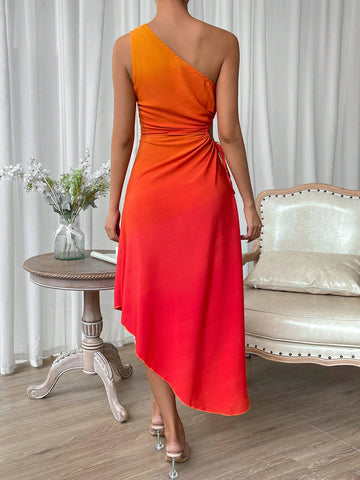Ombre One Shoulder Asymmetrical Hem Dress