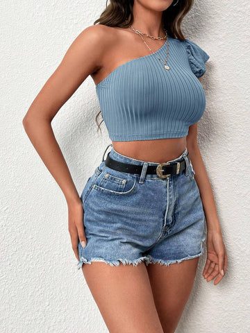 One Shoulder Butterfly Sleeve Crop Tee