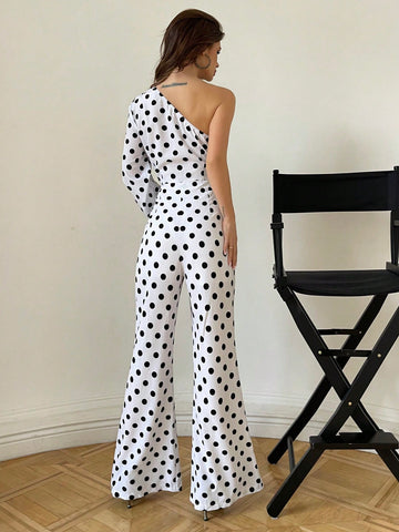 One Shoulder Polka Dot Print Bubble Sleeve Flared Leg Jumpsuit For Women