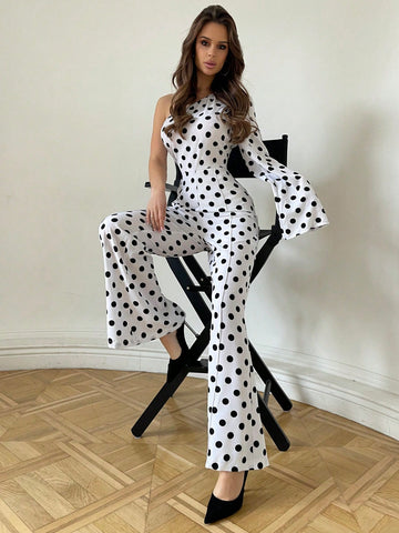 One Shoulder Polka Dot Print Bubble Sleeve Flared Leg Jumpsuit For Women