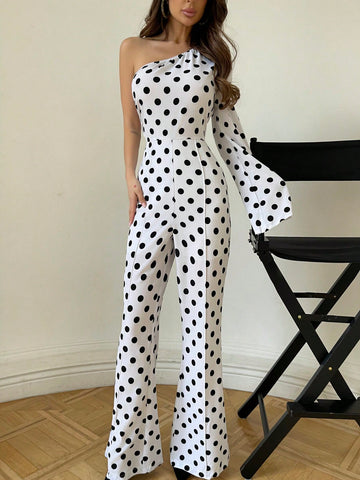 One Shoulder Polka Dot Print Bubble Sleeve Flared Leg Jumpsuit For Women